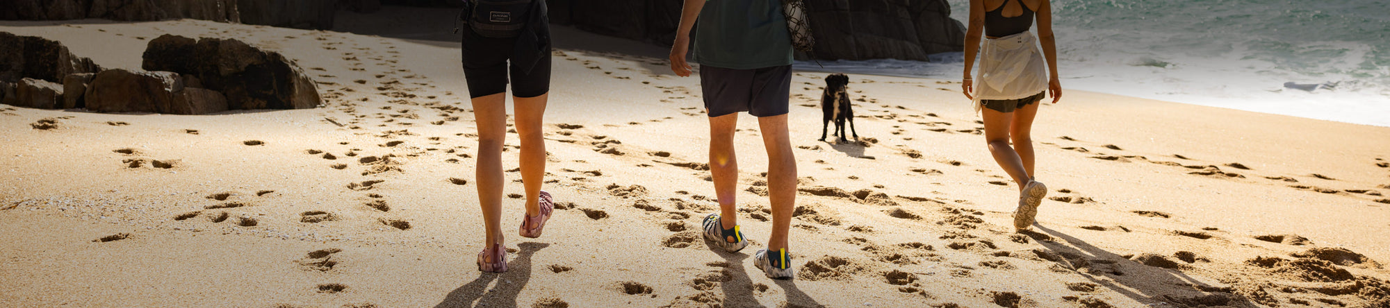 A banner image of three people wearing sandals walking along the beach, with a dog sitting in front of them.