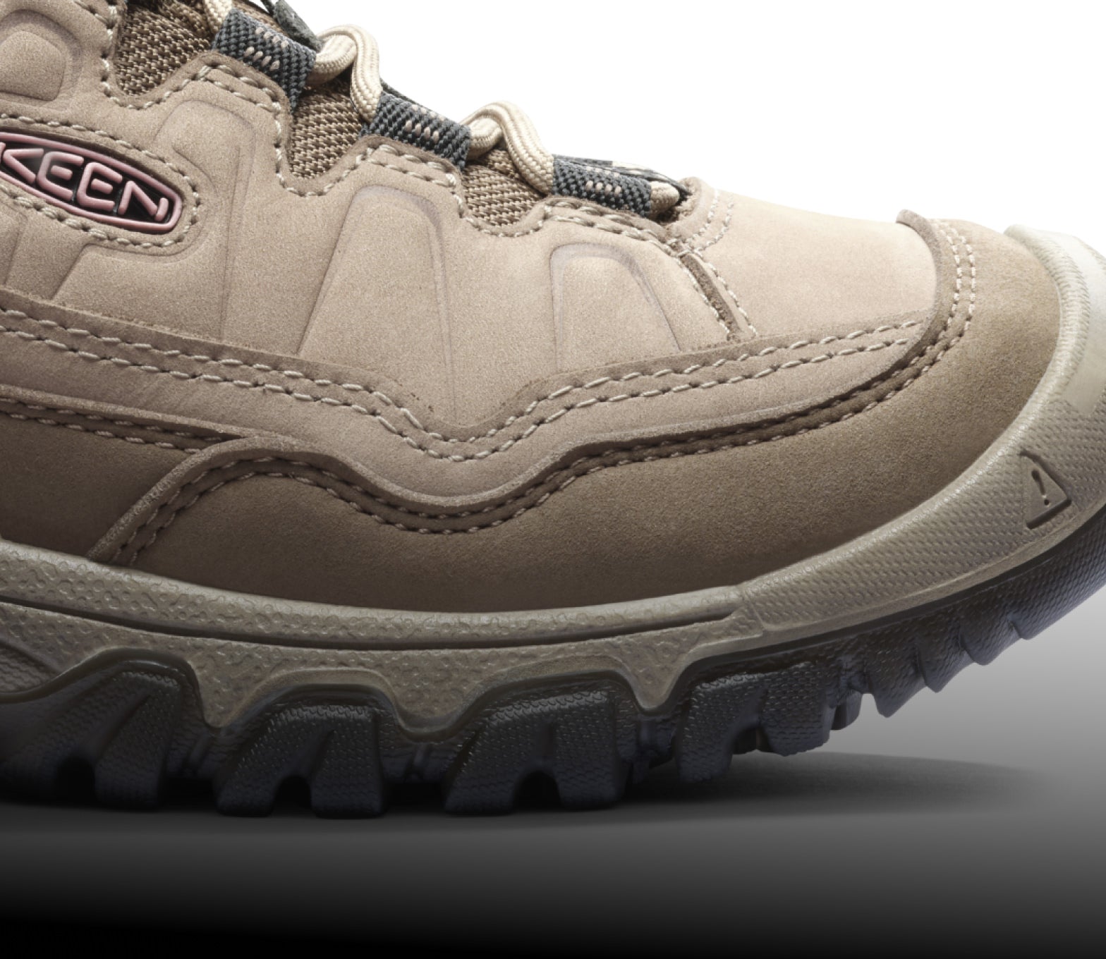 A close-up of the front of a light brown Targhee hiking shoe.