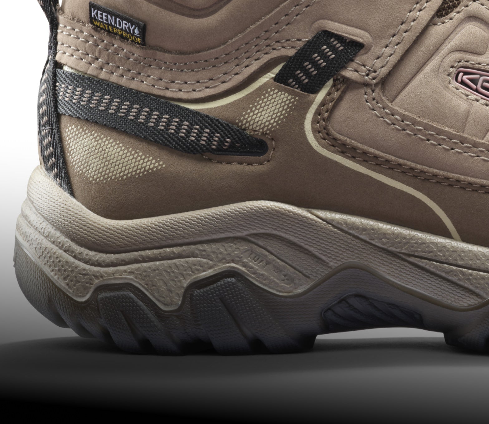 A close-up of the heel of a light brown Targhee hiking shoe.