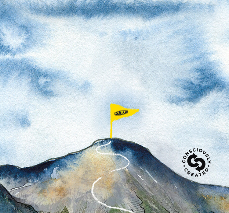 Watercolor drawing of mountain with a yellow Keen flag at the top and an embedded logo that reads "consciously created"