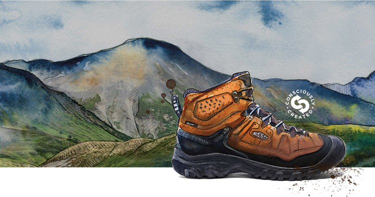 Watercolor illustration of Keen Targhee hiking boot in front of mountain landscape 
