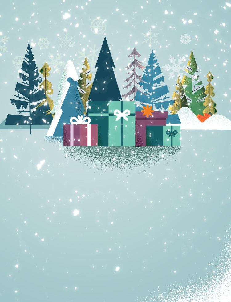 Graphic art with a cluster of christmas trees, boxed presents and falling snow