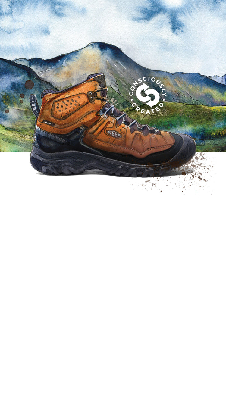 Watercolor illustration of Keen Targhee hiking boot in front of mountain landscape 