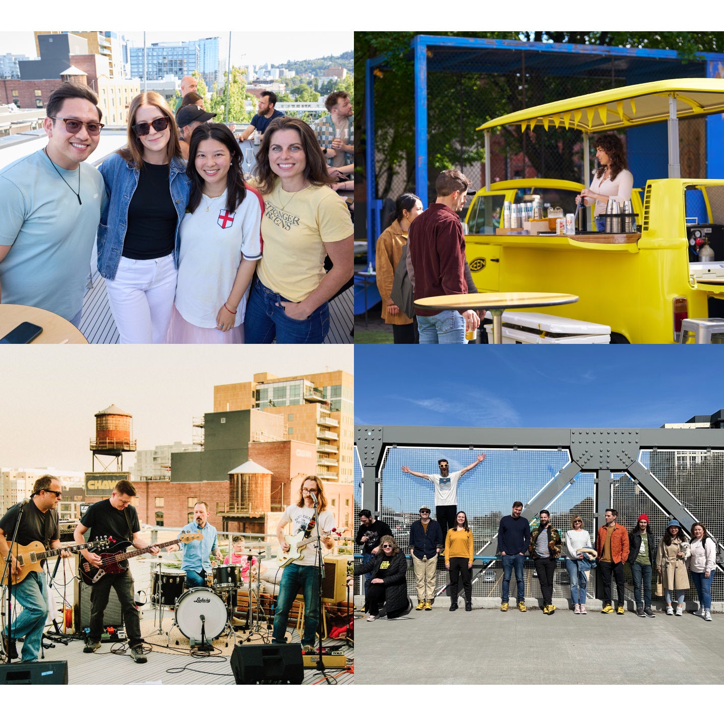 A collage of four images of groups of employees at social/recreational events.