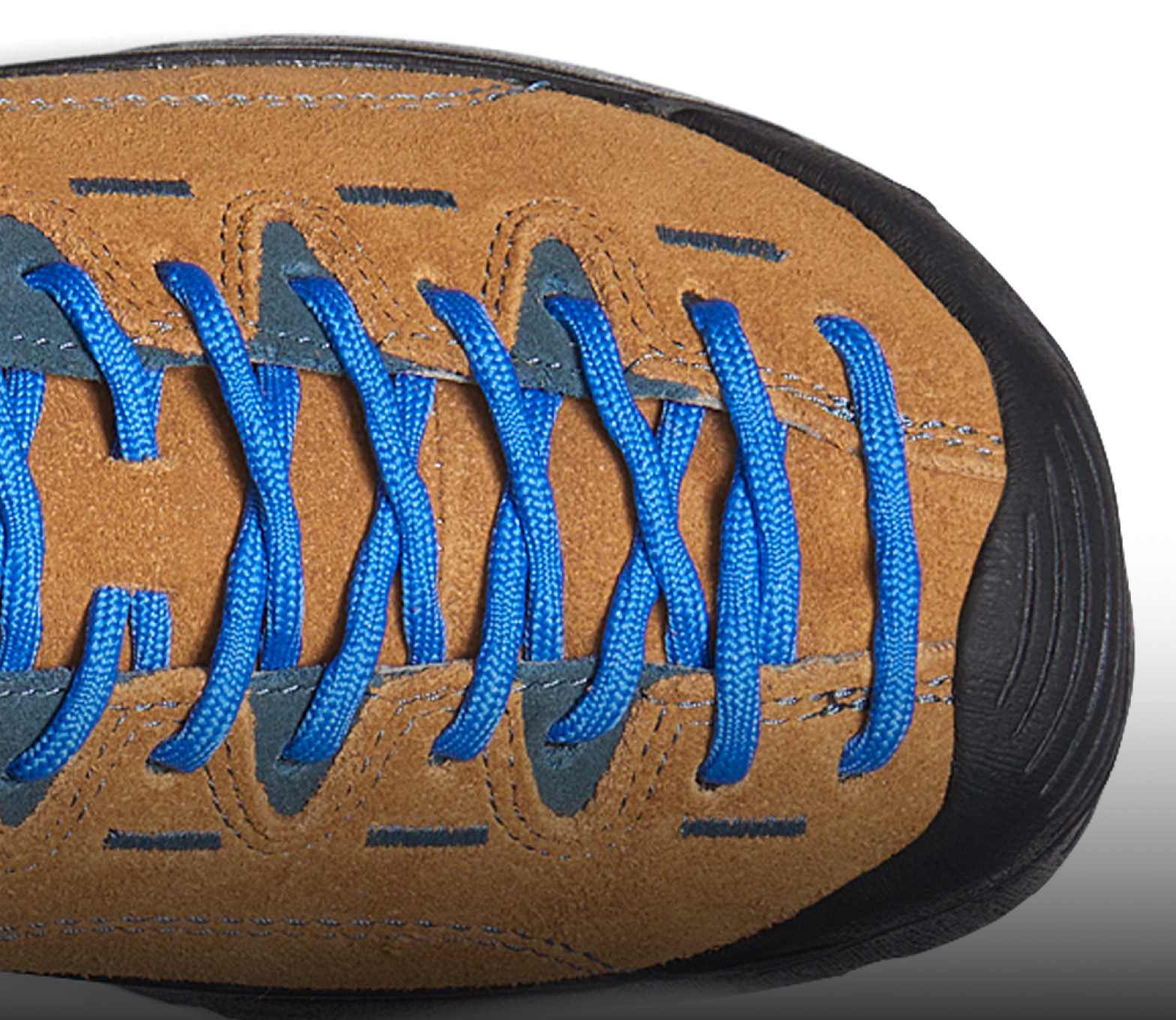 A brown and blue KEEN Jasper sneaker shown from above.