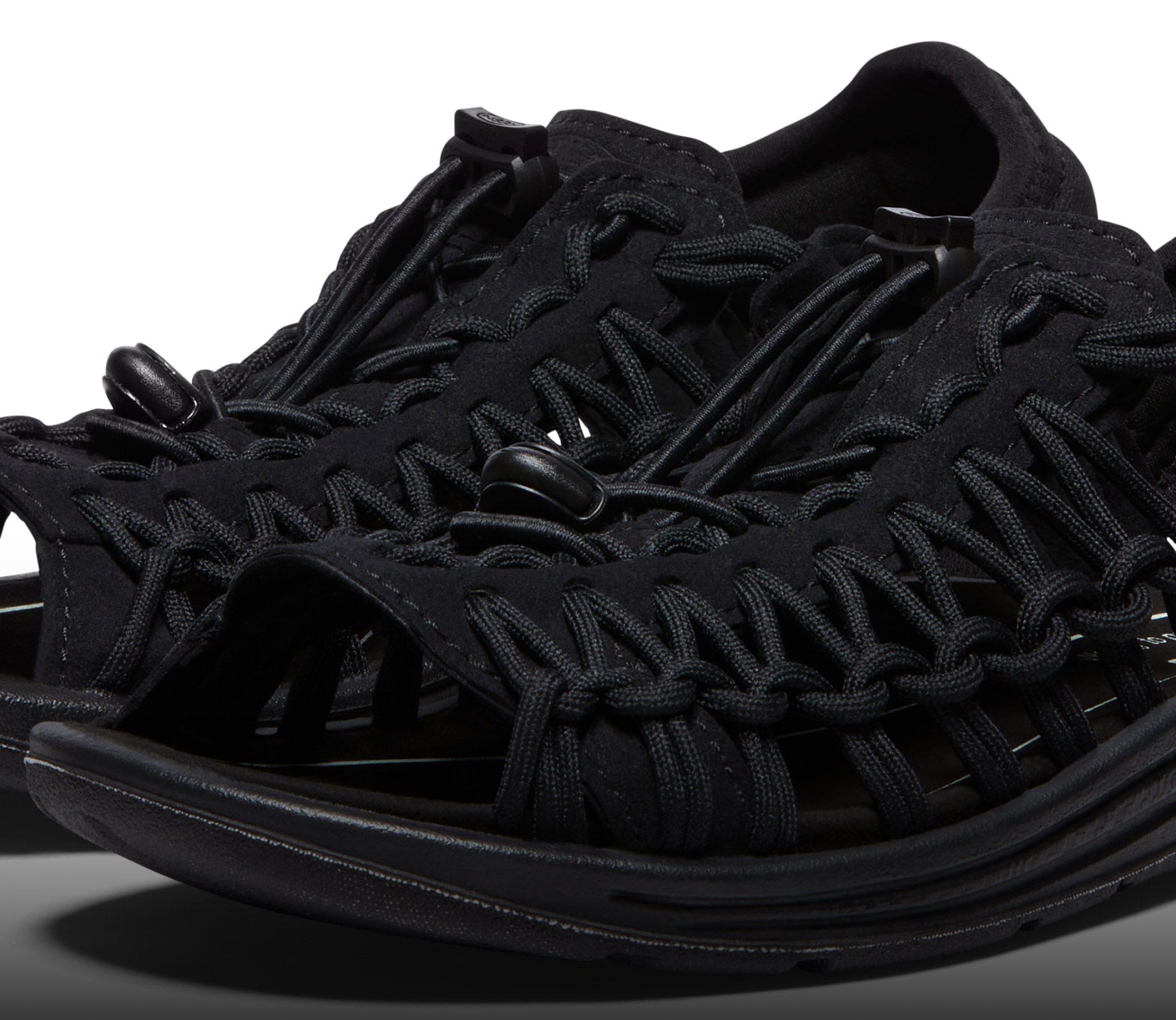 A close-up of two black KEEN UNEEK sandals.