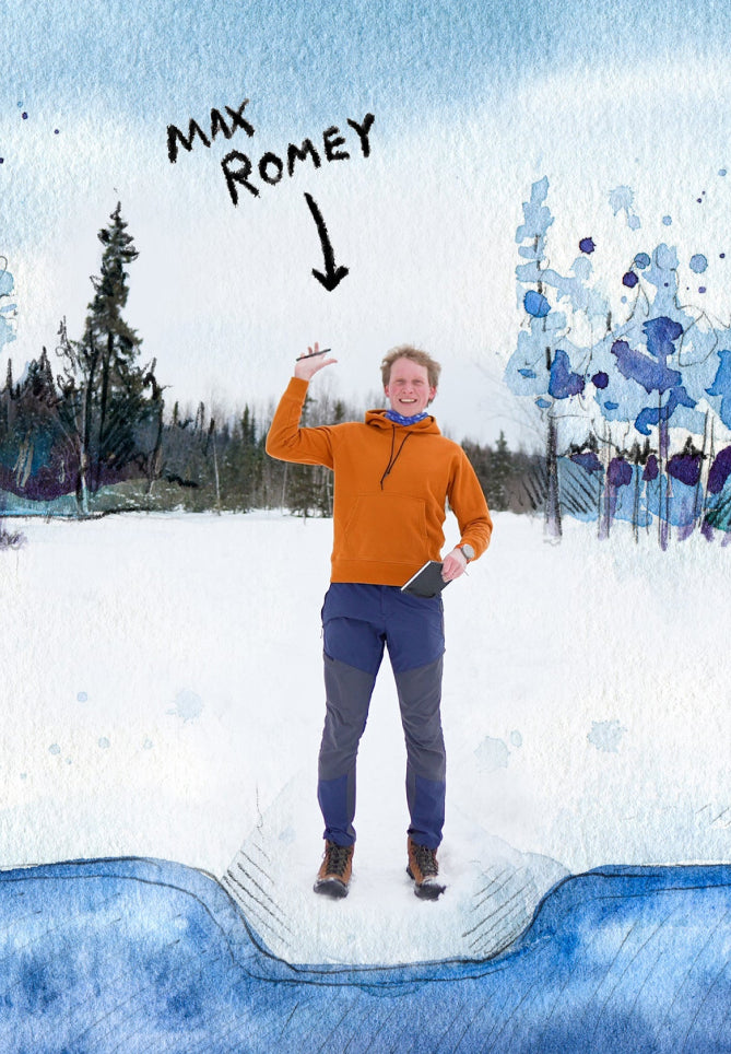A watercolor painting of a man, labeled Max Romey, standing in a snowy forest and waving. 