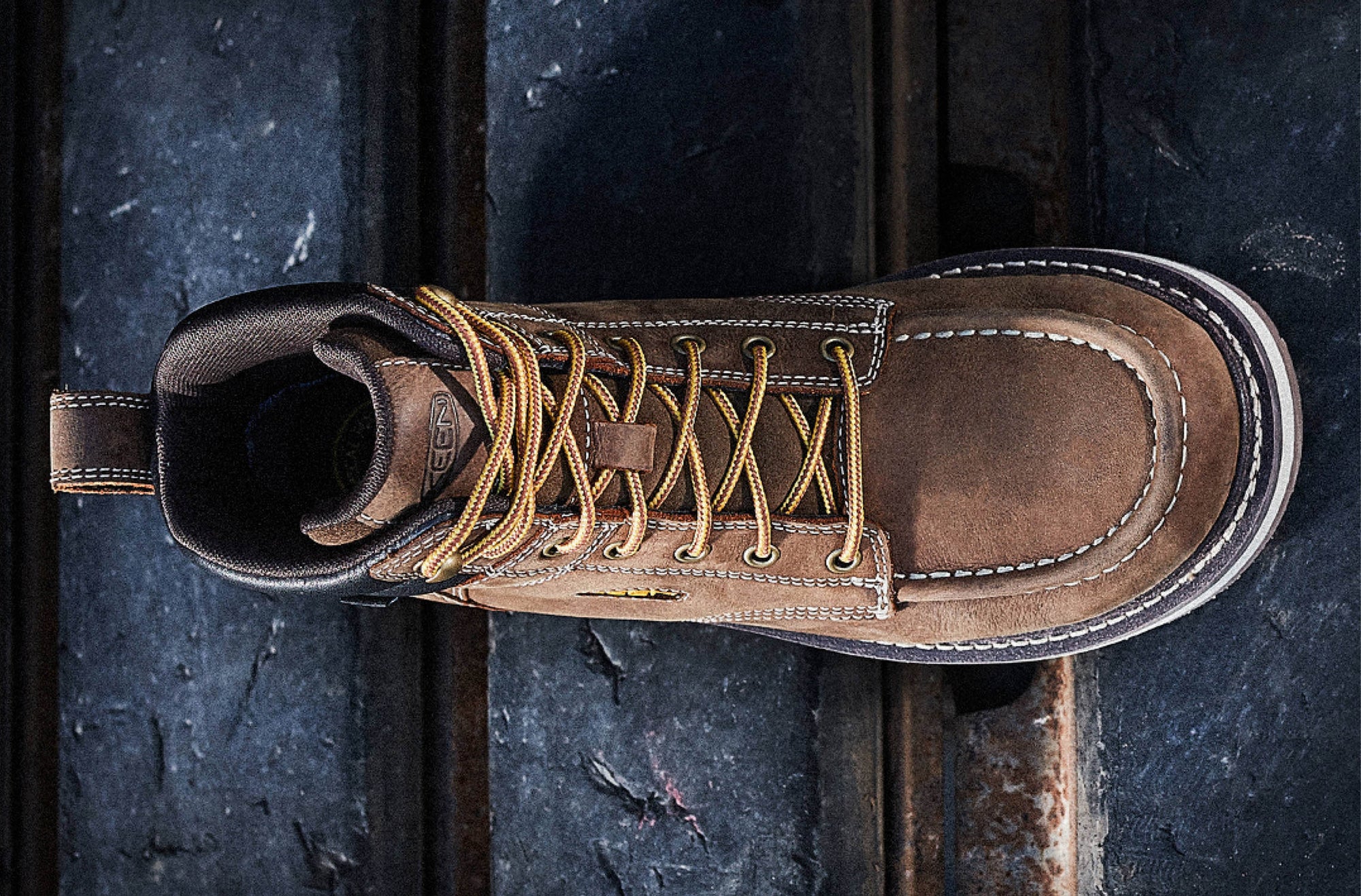 an overhead view of a work boot