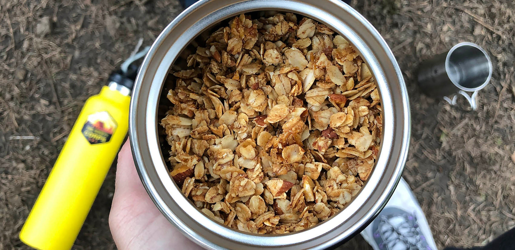 eating granola on a hike