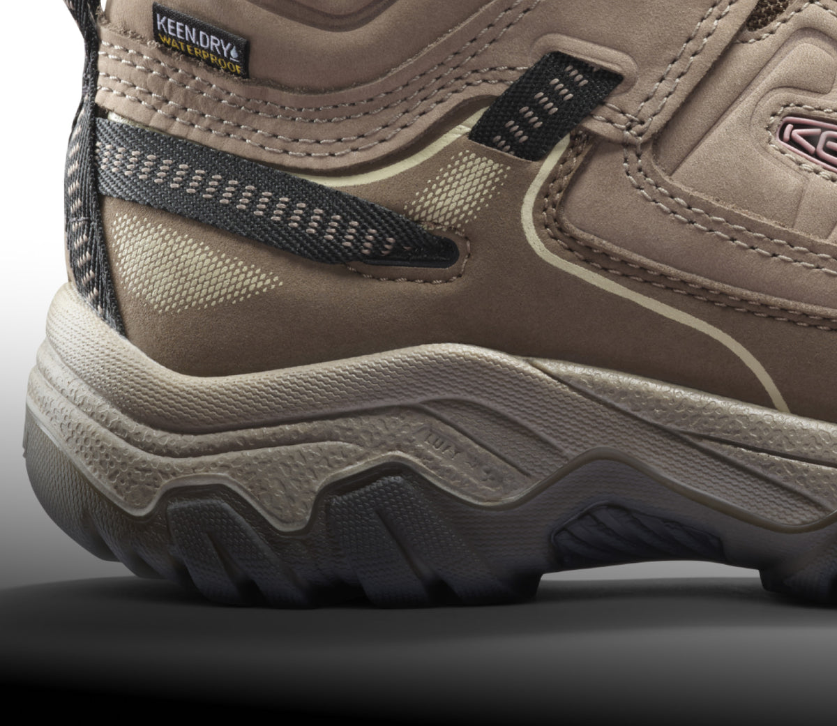 A close-up of the heel of a light brown Targhee hiking shoe.