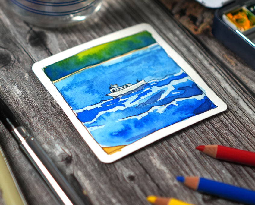 A small watercolor painting of a large boat on the ocean.