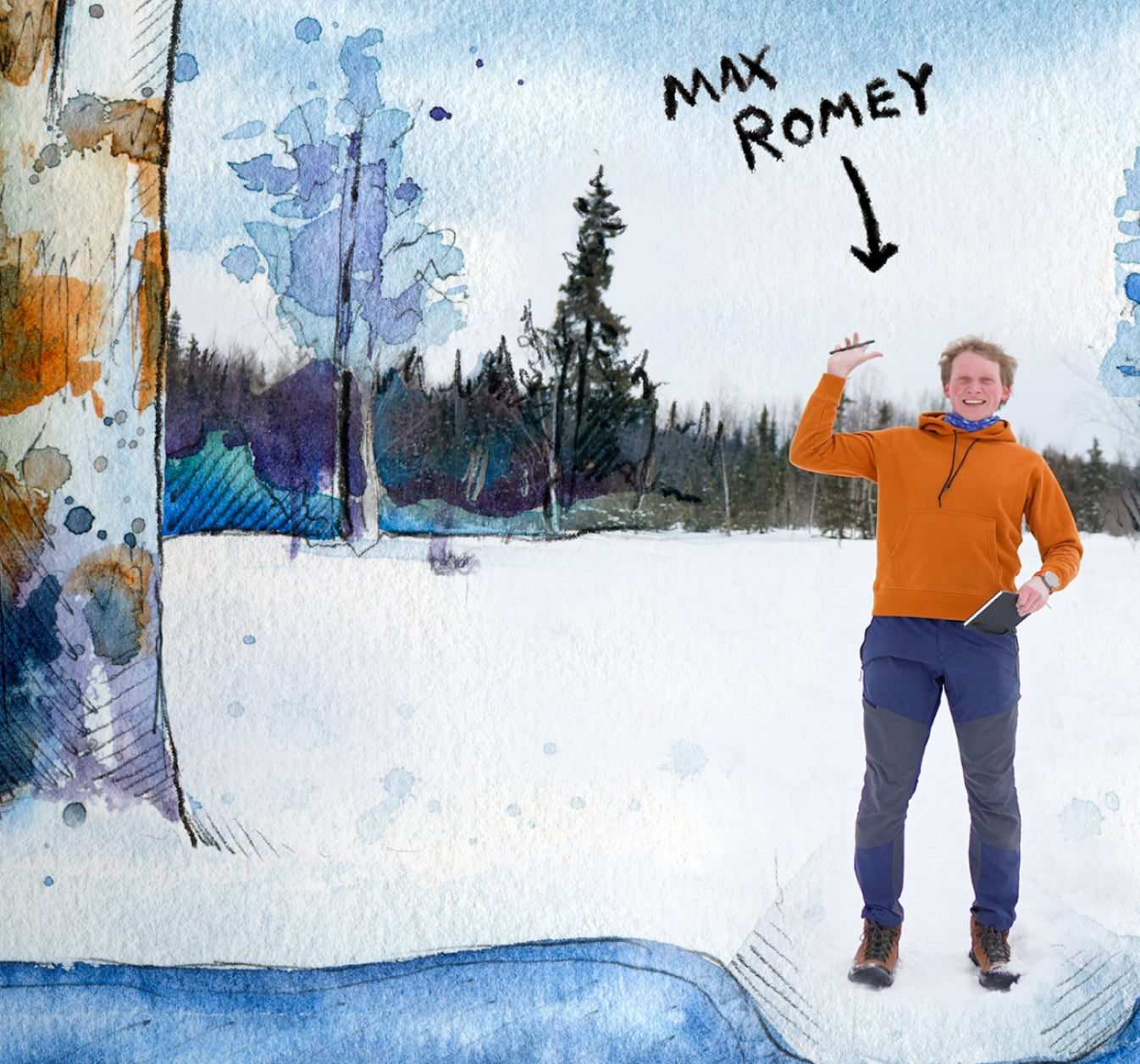 Watercolor painting of snowy landscape merged with photo of artist, Max Romey