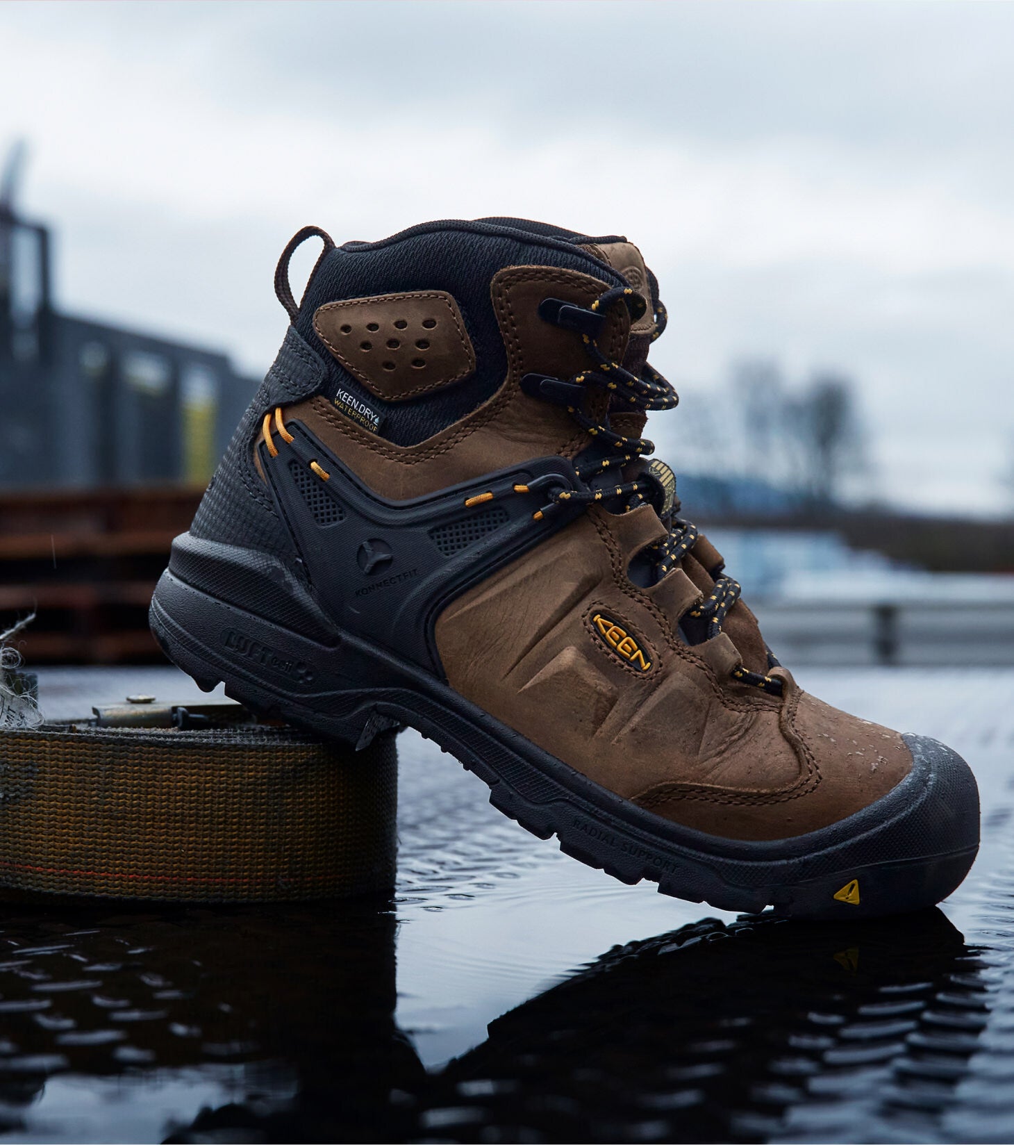 Dover work boot sitting on flatbed truck
