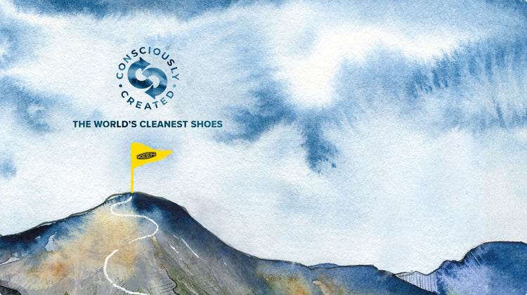 Watercolor illustration of mountain landscape with yellow KEEN flag on the summit. 