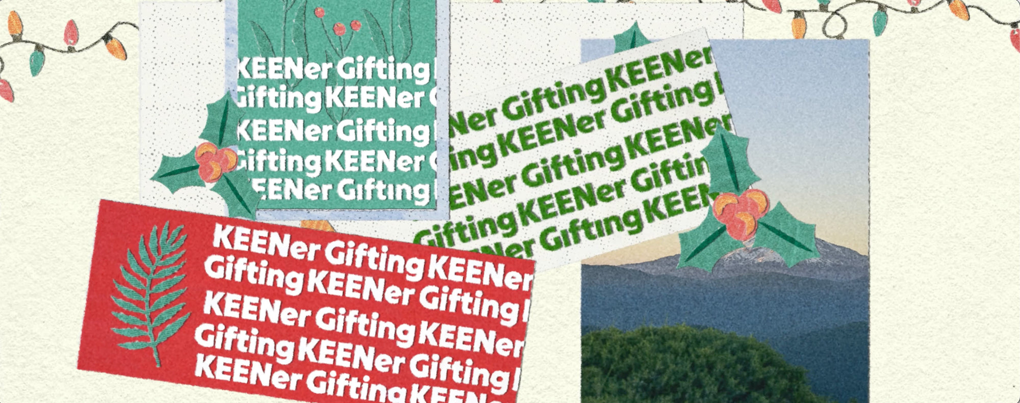 Wrapping paper tags that read "KEENer Gifting" adorned with lights, ornaments and scraps of wrapping paper.