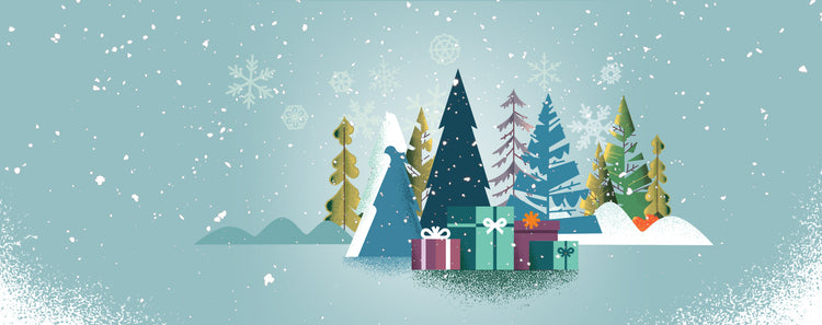 Graphic art with a cluster of christmas trees, boxed presents and falling snow