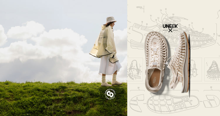 Woman wearing tan hat and tan Uneek sandals walking across a grassy field; next to product shot of tan Uneek sandals  up against technology-based background.