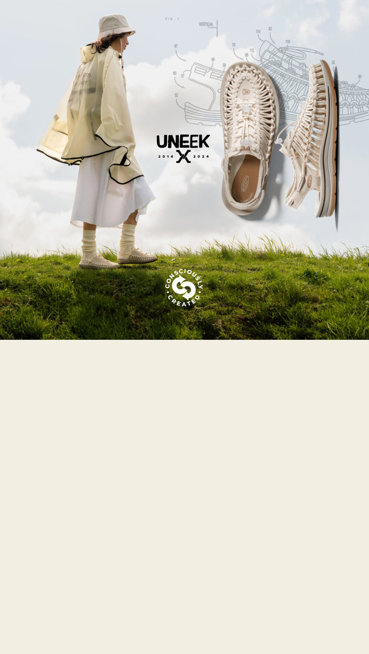 Woman wearing tan hat and tan Uneek sandals walking across a grassy field; next to product shot of tan Uneek sandals  up against technology-based background.