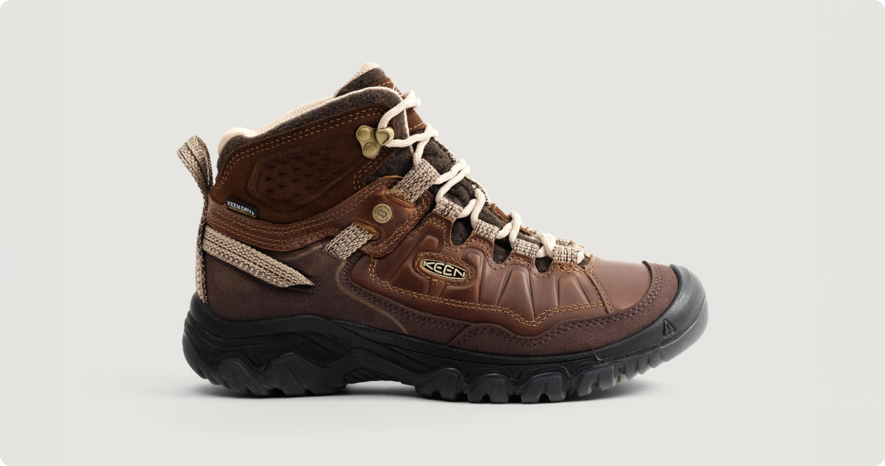 Product shot of brown leather Hikerkind and Keen Collaboration hiking boot.