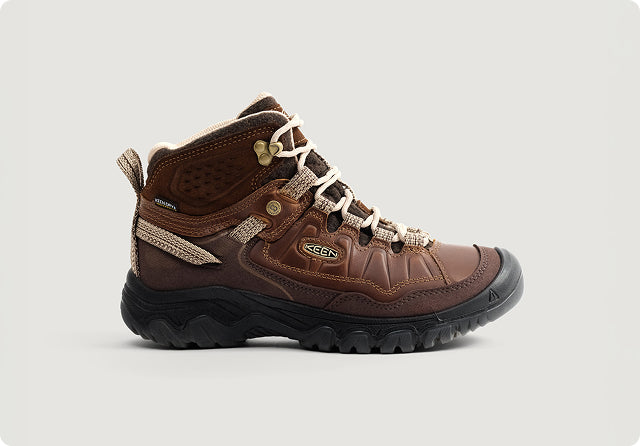 Product shot of brown leather Hikerkind and Keen Collaboration hiking boot.