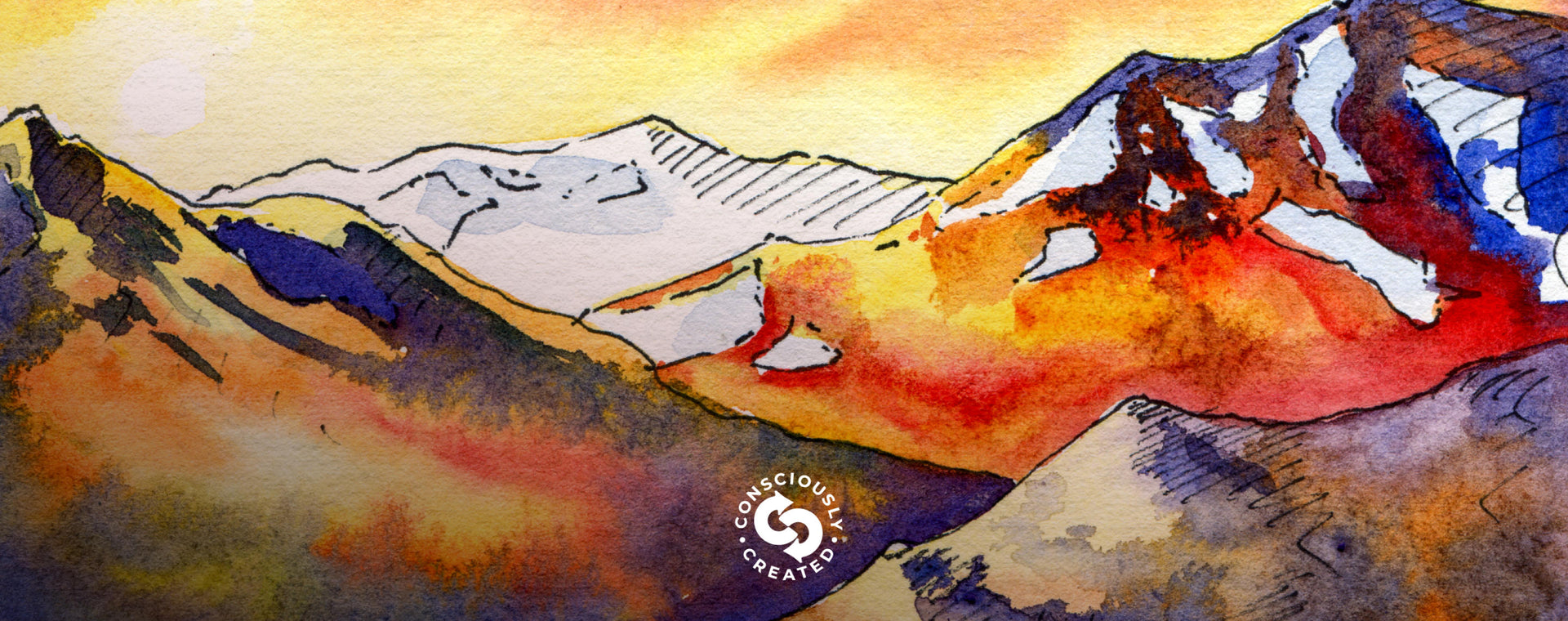 Watercolor painting of orange, red, and blue mountains embedded with KEEN