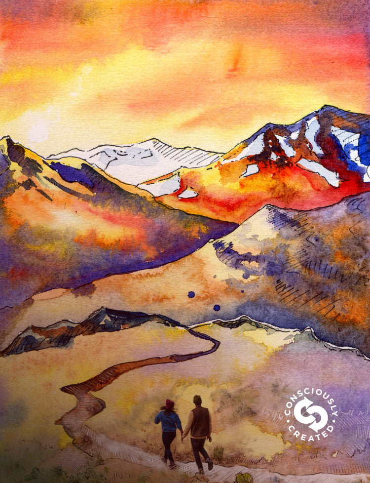 Watercolor painting of orange, red, and blue mountains embedded with KEEN