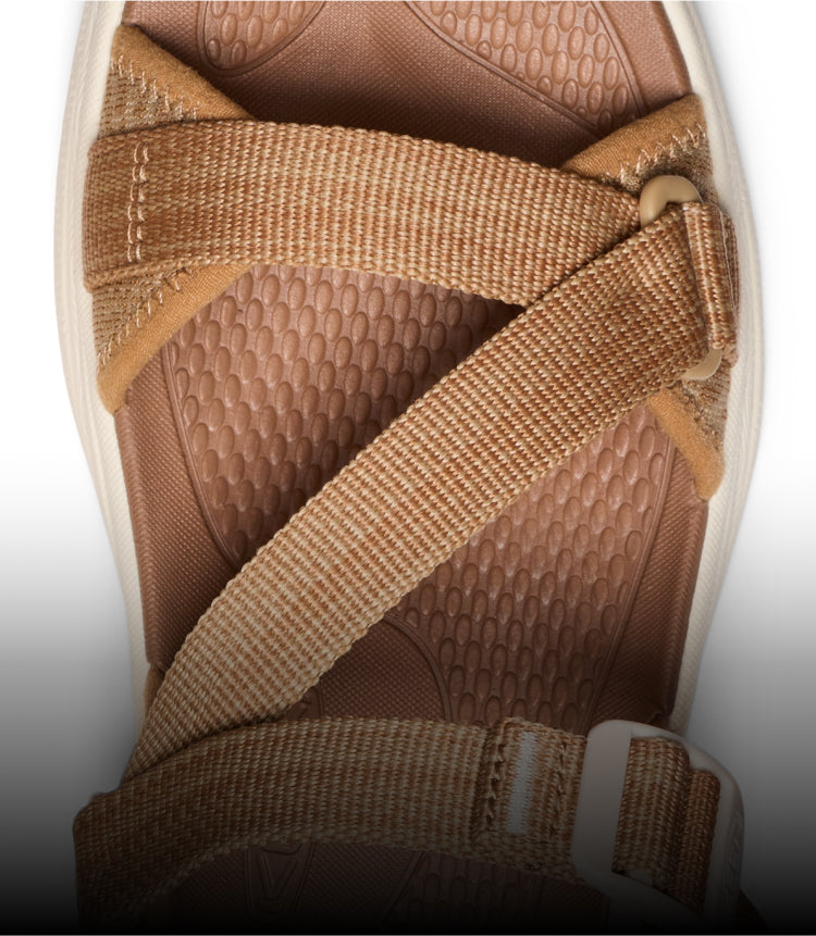 A close-up of the straps of a KEEN sandal, shown from above.