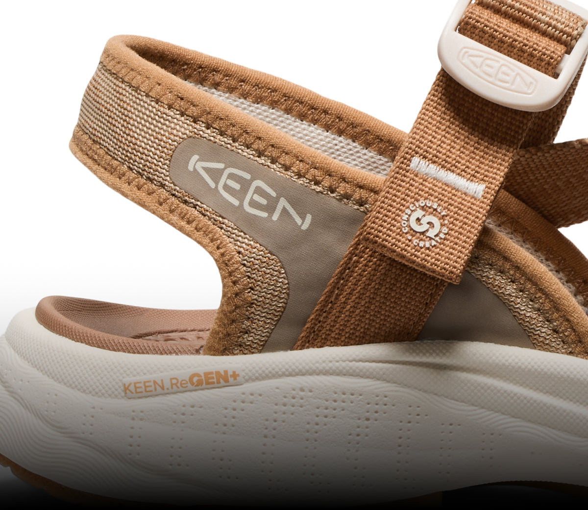 A close-up of the sole and backstrap of a KEEN sandal.