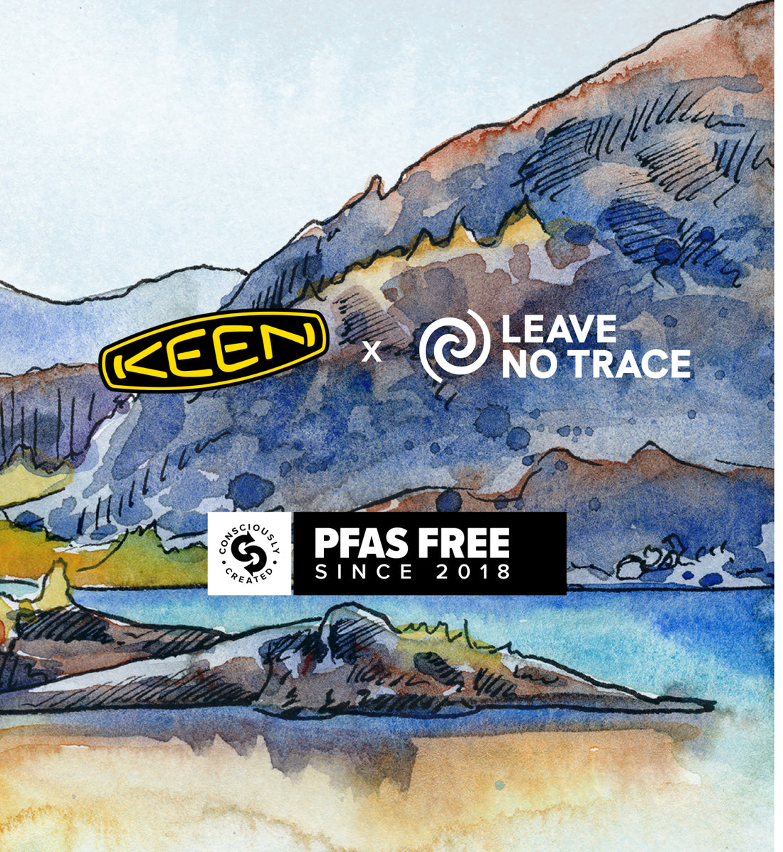 A KEEN x Leave No Trace collaboration graphic, featuring a watercolor-painted, nature scene.