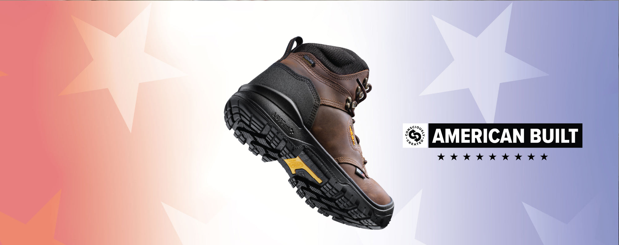 Product shot of men's brown Independence workboot on american flag star background. 