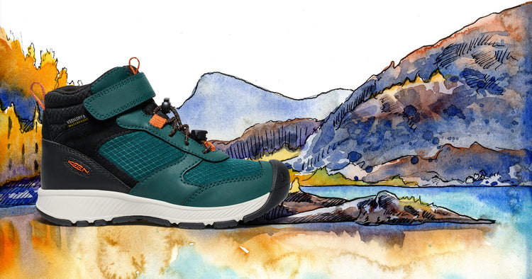 Product shot of kids' turquoise Skua waterproof boot against waterscape fall-lake watercolor background