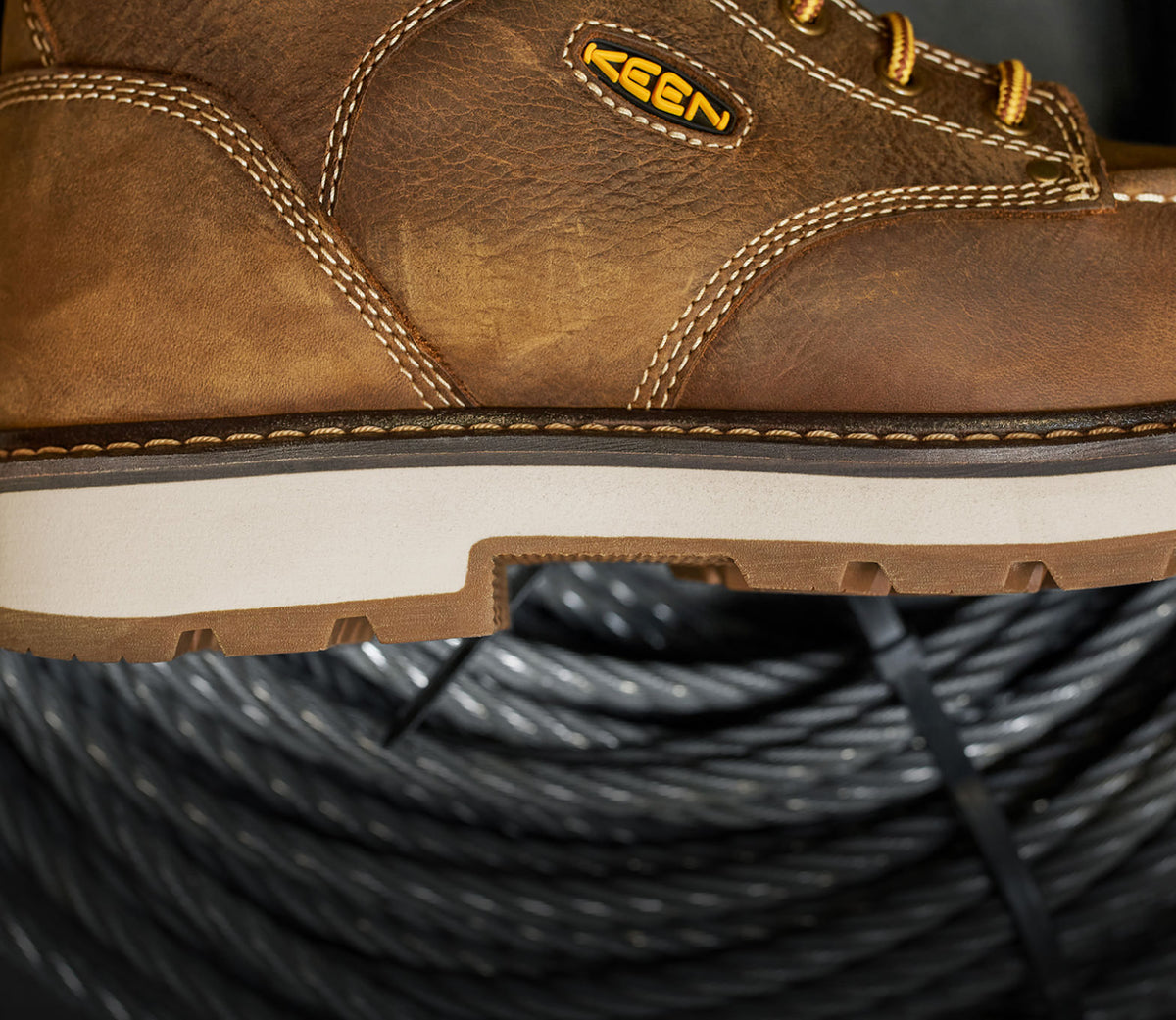 A close-up of the sole of a KEEN Cincinnati work boot.