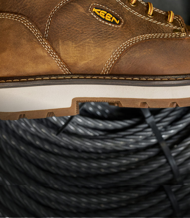A close-up of the 90° sole of a KEEN Cincinnati work boot.