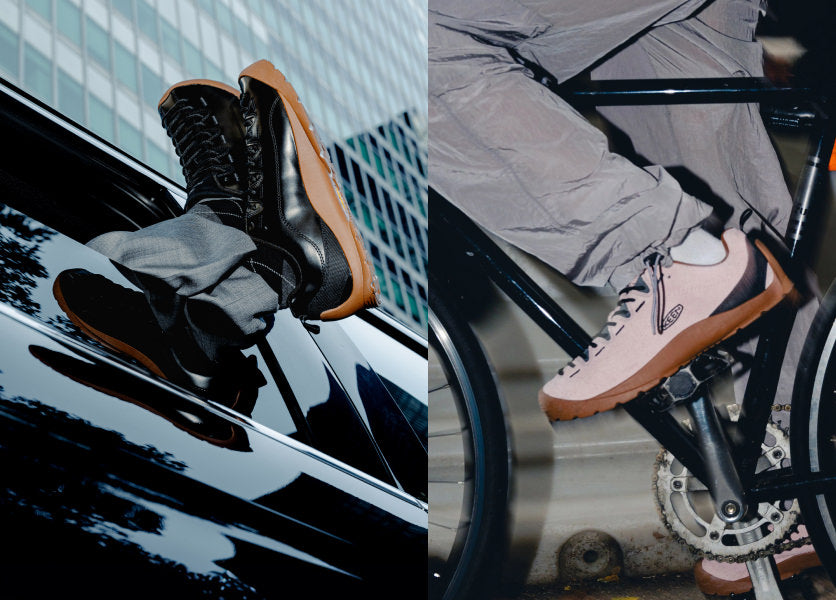 Collage of woman on a bike and a man hanging his feet out of a car while wearing KEEN x Highsnobiety collaboration Jasper Zionic leather sneakers
