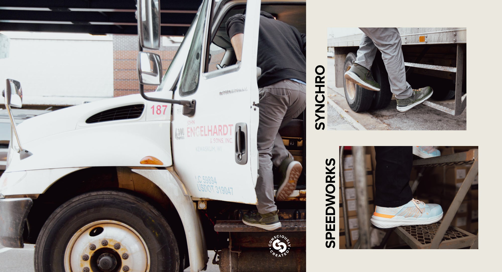 Collage of multiple photos featuring a man wearing greem synchro work boots stepping into a tuck, a knee-down shot of a person wearing green speedworks work shoes, and a woman in black pants wearing white and orange speedwork esd work shoes while on metal stairs