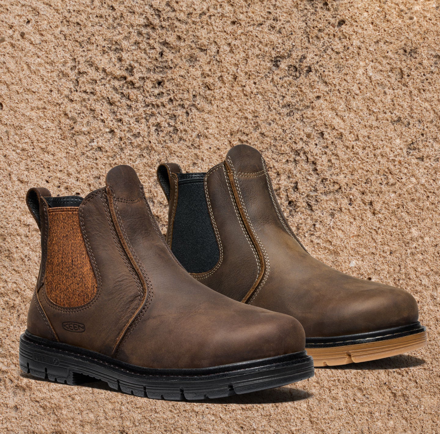Product shot of San Jose pull on leather boots in two different color options with tan gravel background 