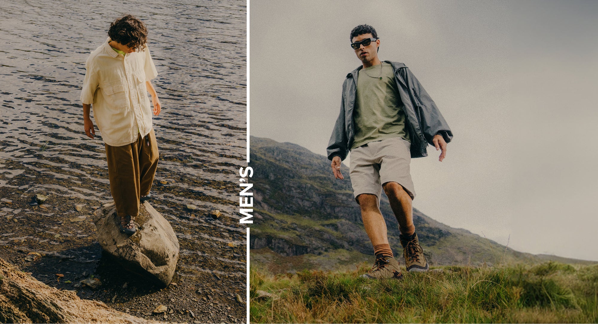 Photo of a man in loose casual clothing wearing Newport sandals while standing on a rock near lake's edge next to a photo of a man hiking across grassy plains in Targhee hiking boots: embedded with text that reads "men's".