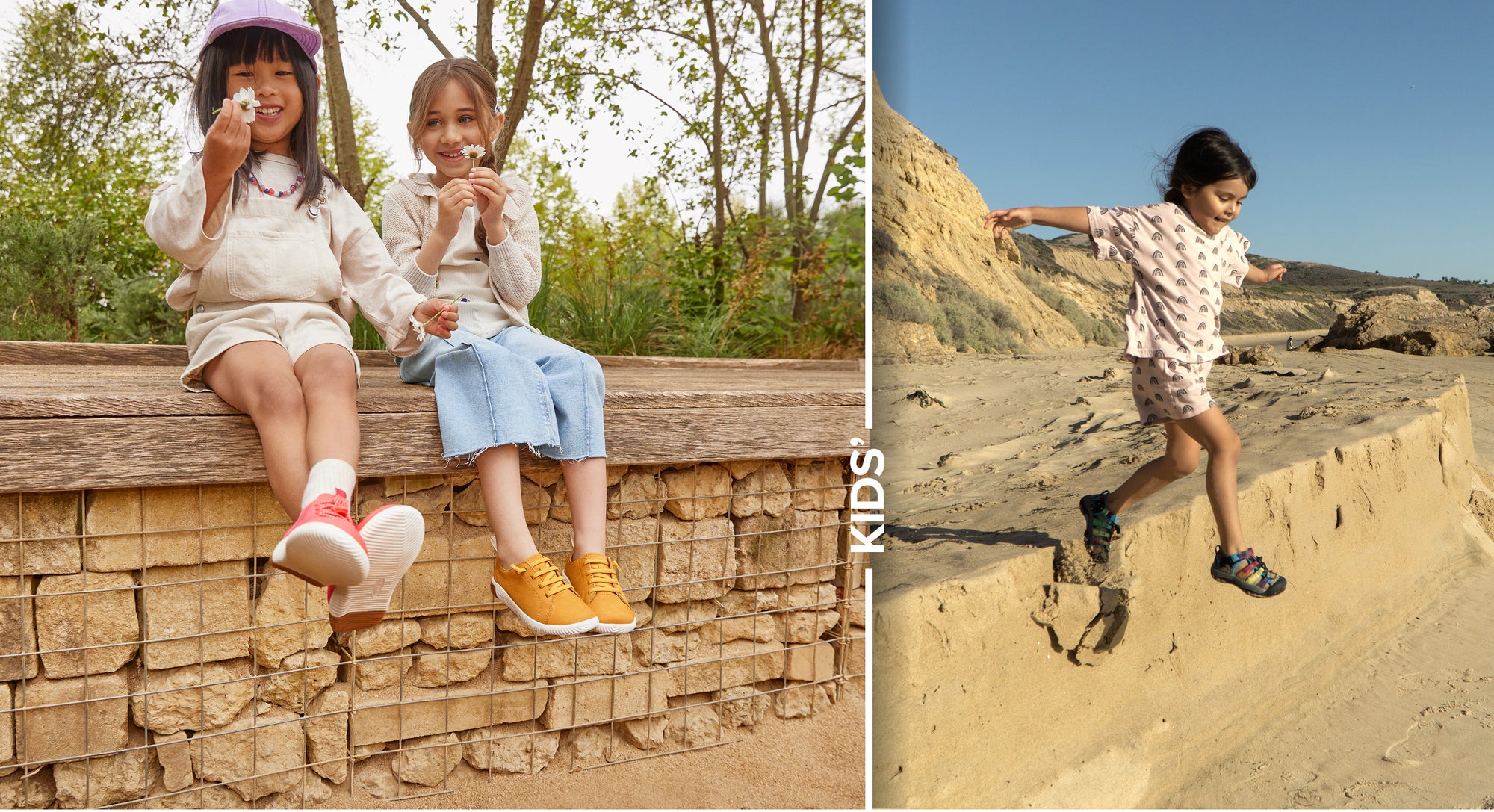 Photo of two young girls holding flowers and sitting on brick fence while wearing pink and orange knx sneakers next to photo of young girl in rainbow newport sandals jumping into beach sand: embedded with text that reads "kids'"