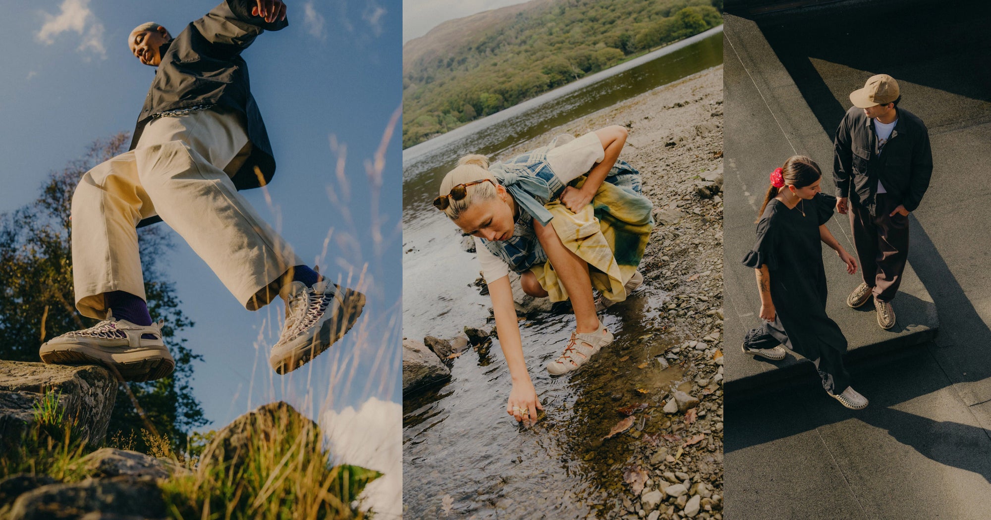 Collage of multiple photos featuring people wearing various KEEN sandals in city and nature landscapes.