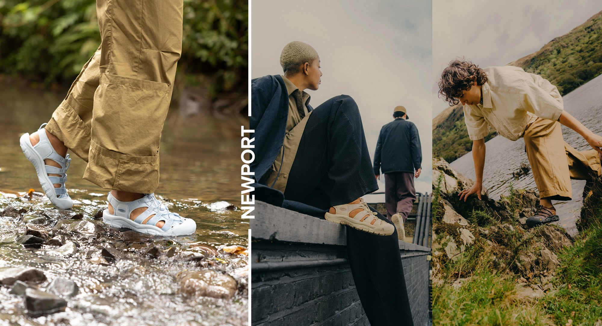 Collage of three different photos all featuring various colors of the KEEN newport sandal being worn by people in beach, city and river settings. 
