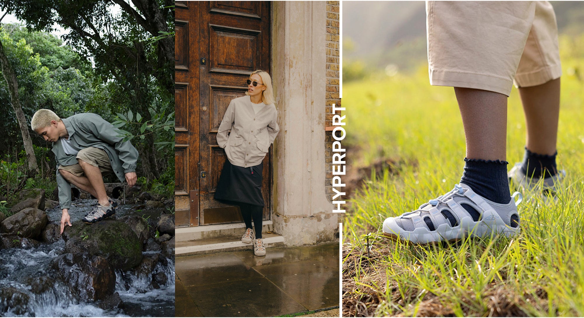Collage of three different photos all featuring various colors of the KEEN Hyperport sandal being worn by people in grass, city and river settings. 