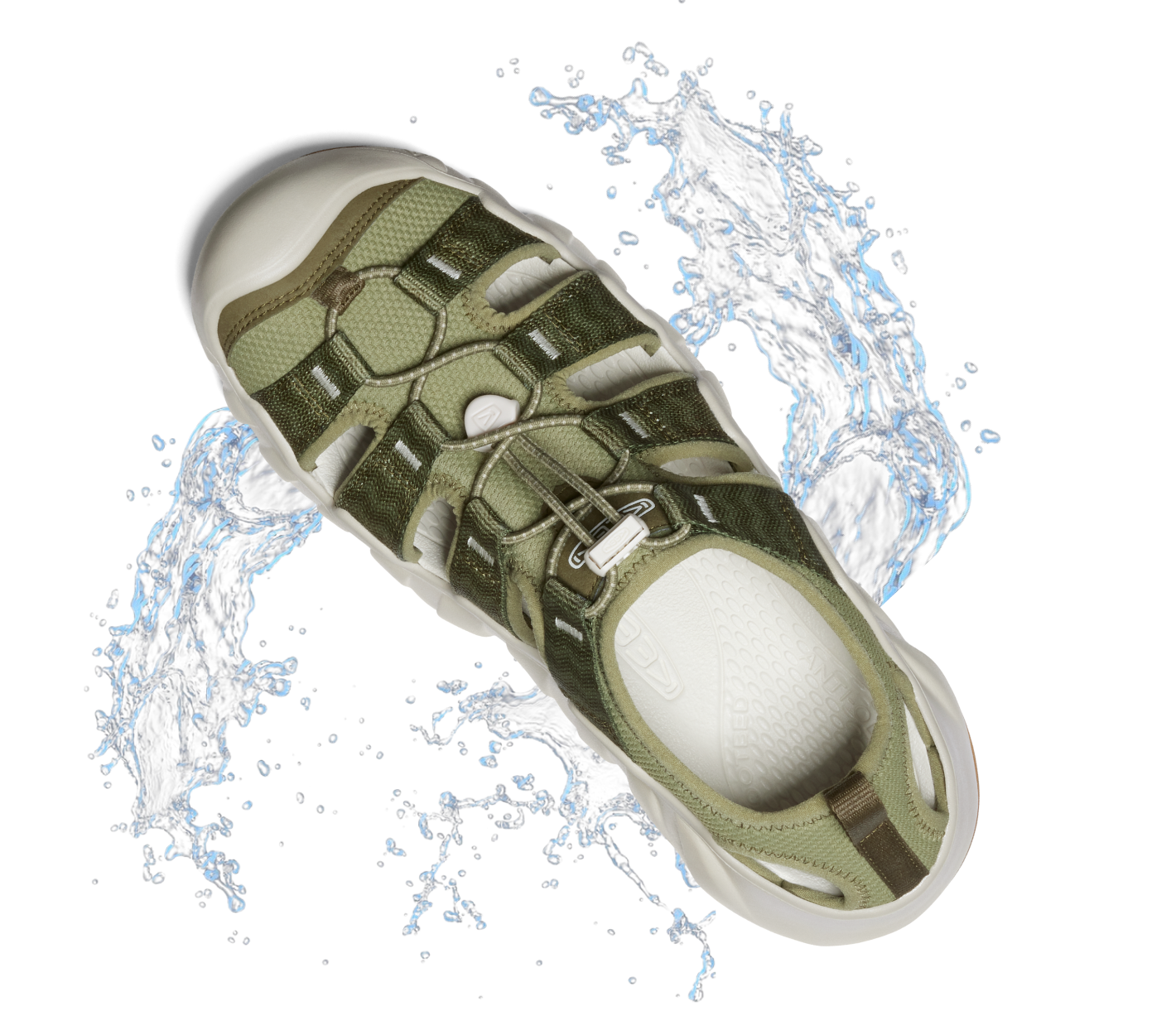 Product shot of dark green and white Hyperport water sandal with blue water droplets around it. 