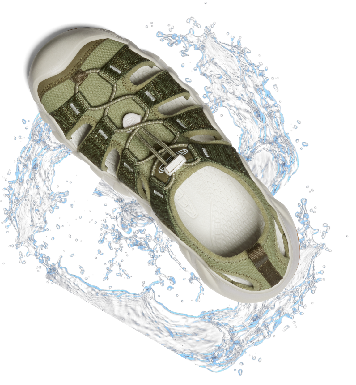 Product shot of dark green and white Hyperport water sandal with blue water droplets around it. 