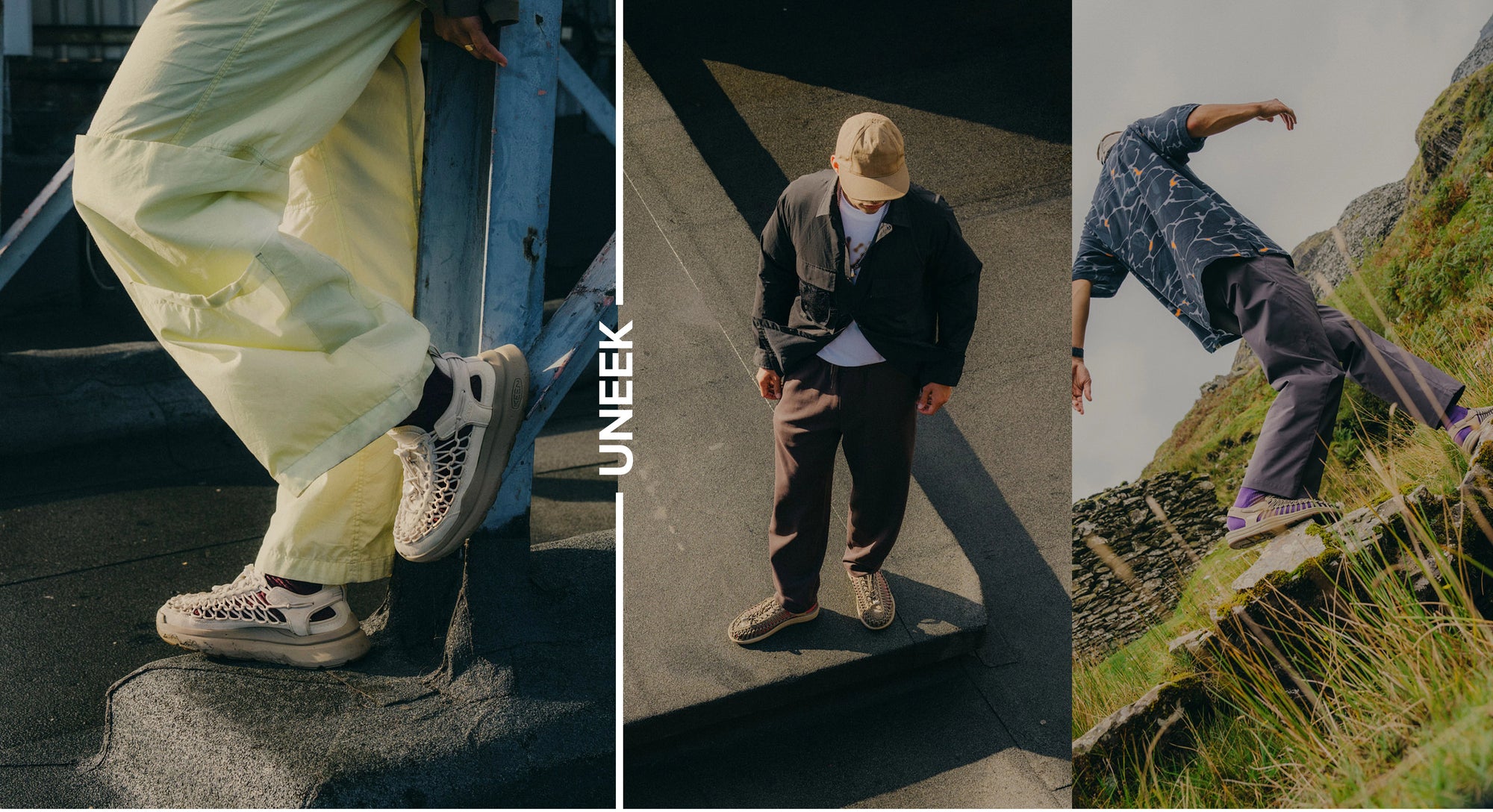 Collage of three different photos all featuring various colors of the KEEN Uneek sandal being worn by people in 2 city settings and one grassy landscape.. 