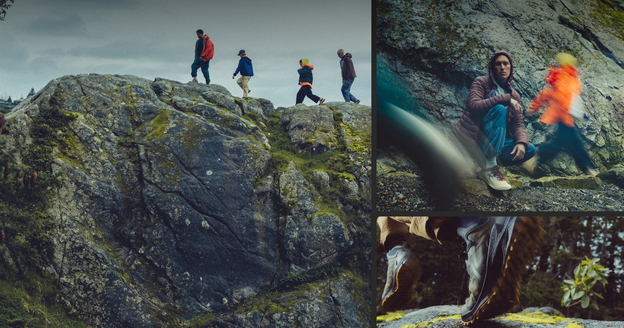 Collage of people wearing Zionic NXT hiking boots while walking across cliffside and rocky terrain