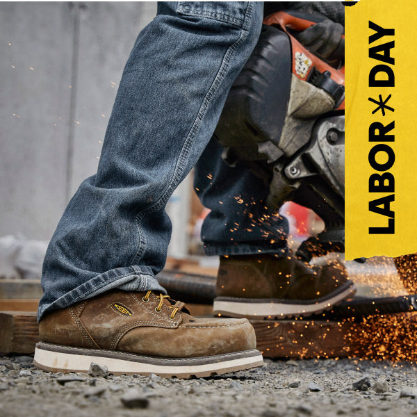 Knee-down shot of man in KEEN leather work boots using a metal grinder. Embedded text reads "Labor Day" in yellow. 