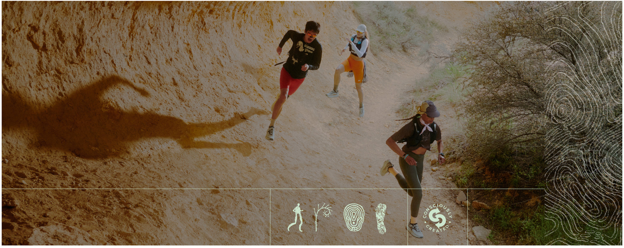 Three trail runners running through desert landscape alongside sandstone wall; embedded with graphic that reads "consciously created"