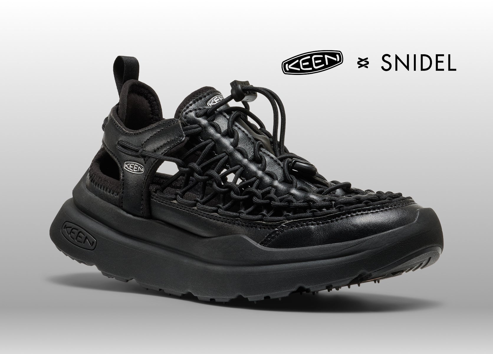 KEEN and Snidle collaborate Uneek Wk in black leather, studio shot