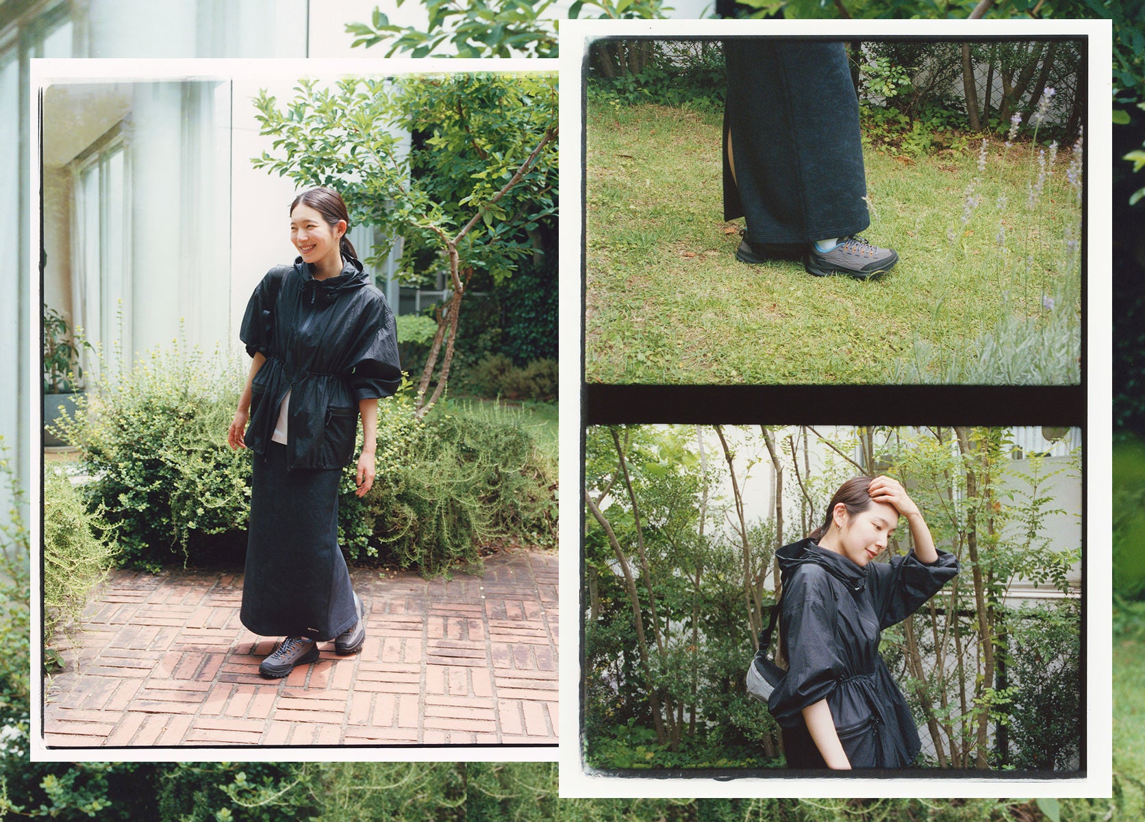 Collage of Woman in black jacket and skirt walking through bamboo and grass garden in Jasper sneakers