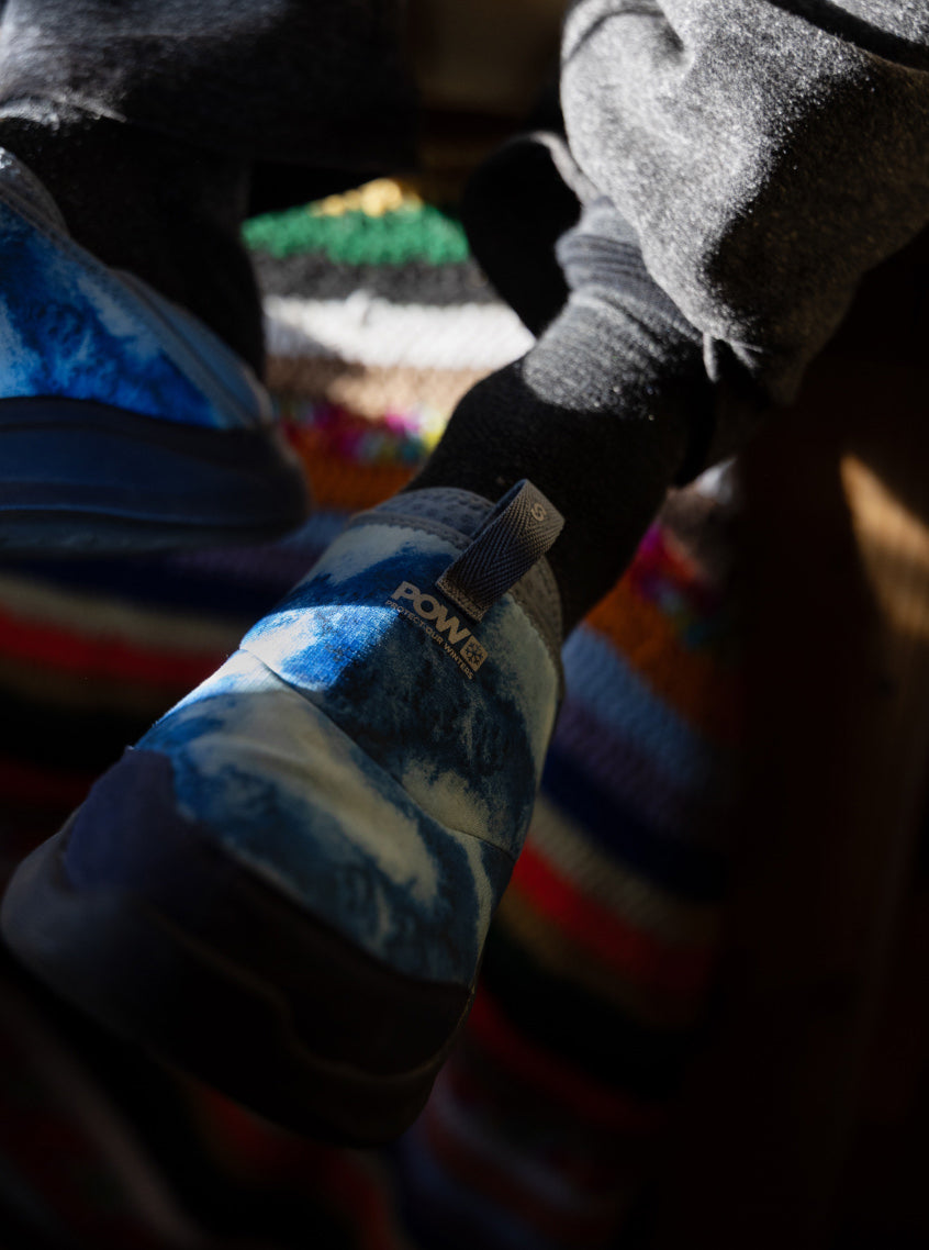 Close up of blue gradient artistic detail on collaboration men's Whyser shoe 